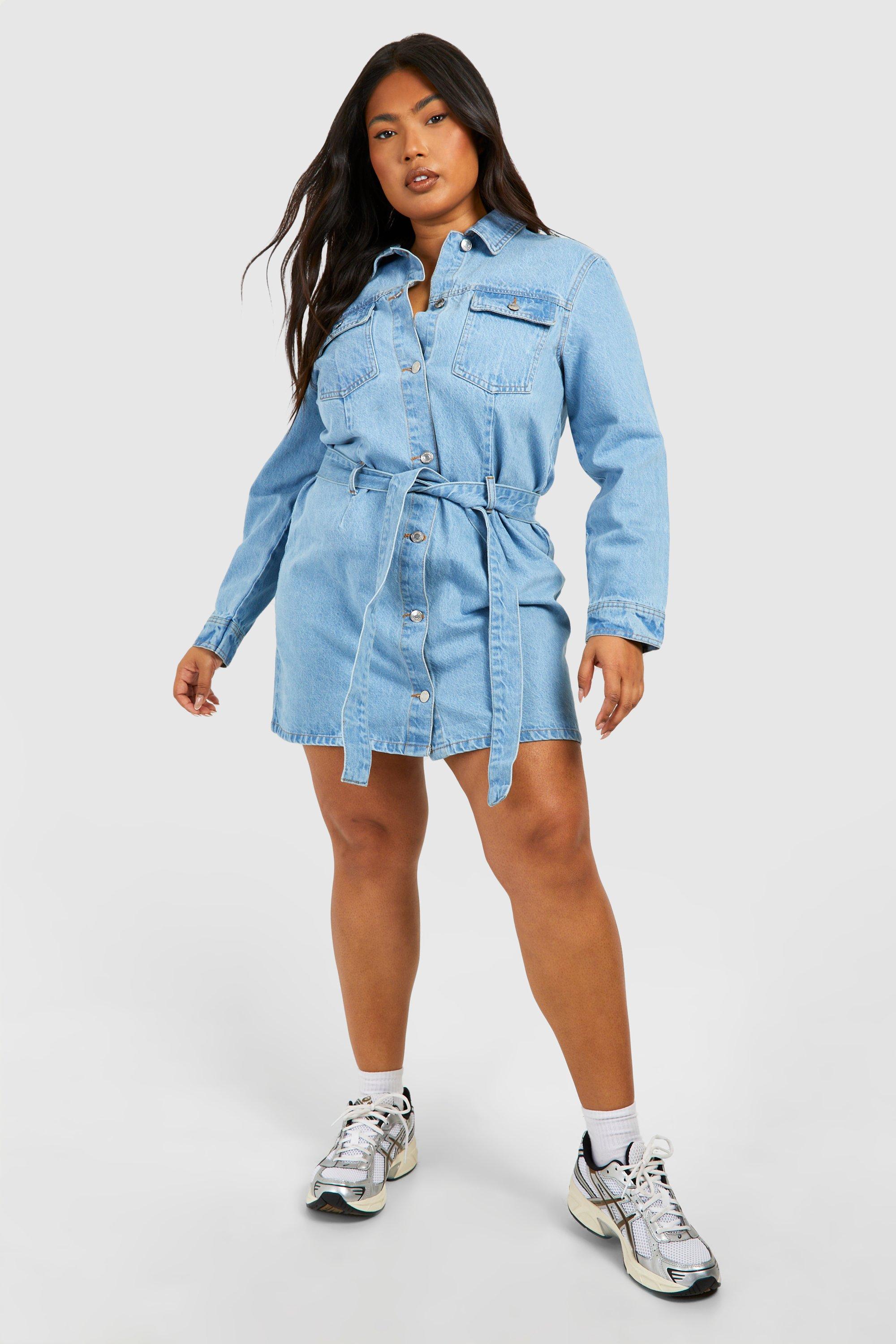 Plus Denim Tie Belt Shift Dress boohoo